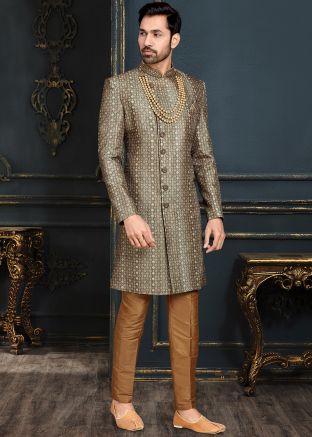 Brown & Grey Sherwani In Thread Embroidery