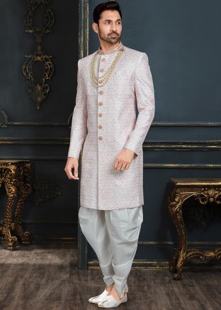 White & Peach Embroidered Sherwani With Dhoti