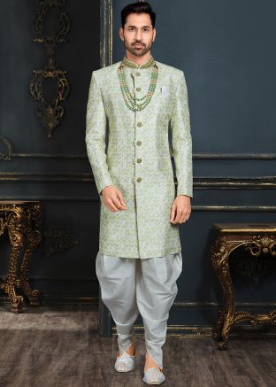 Green Embroidered Jacquard Dhoti With Sherwani