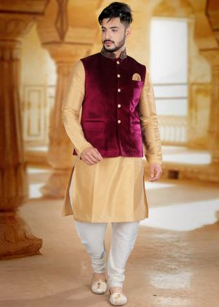 Golden Dhoti Kurta With Nehru Jacket