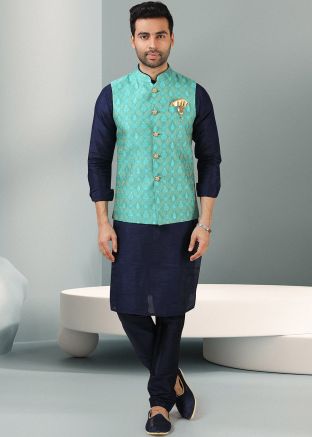 Blue Readymade Kurta Pyjama And Jacket Set