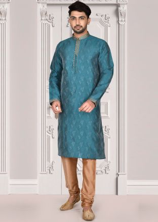 Readymade Mens Blue Brocade Kurta Pajama