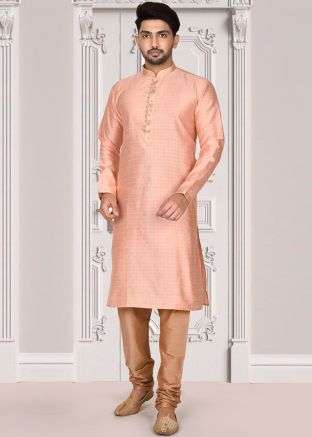 Readymade Mens Woven Kurta Churidar Set In Peach