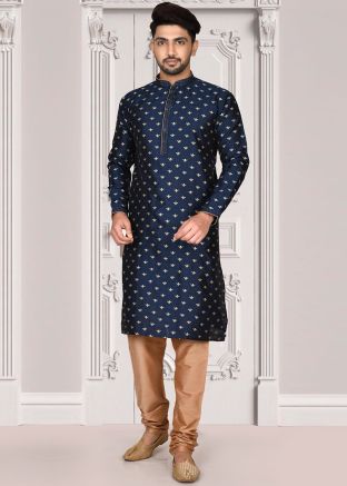 Navy Blue Readymade Woven Kurta Pajama