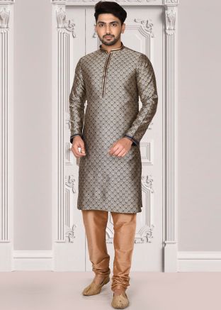 Black Woven Jacquard Kurta Churidar Set