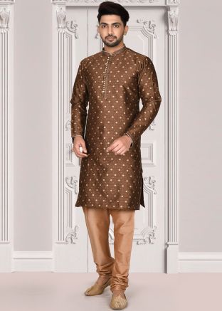 Brown Woven Kurta With Churidar