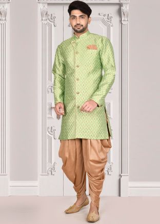 Readymade Green Woven Sherwani With Dhoti