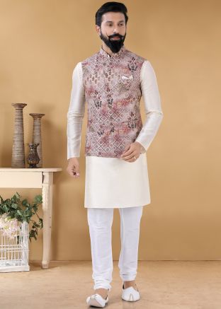 Readymade Off White Kurta Churidar With Printed Jacket