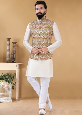 Off White Silk Kurta Churidar With Jacket