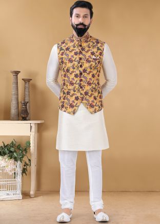 Off White Kurta Churidar Set With Floral Nehru Jacket