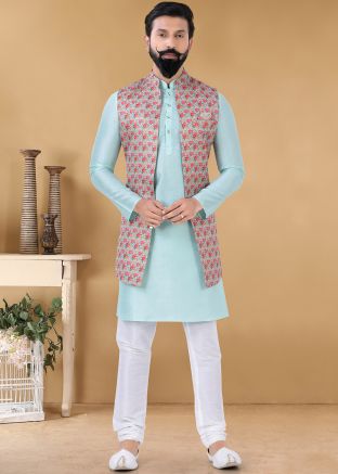 Blue Kurta Pajama With Floral Printed Jacket