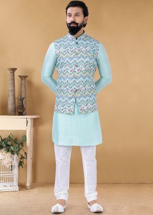 Blue Silk Kurta Churidar With Floral Jacket