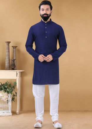 Navy Blue Striped Kurta Pajama In Cotton