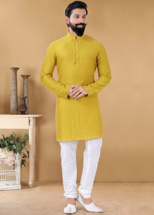 Yellow Cotton Kurta Churidar In Sequins Work