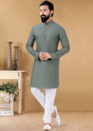 Green Striped Cotton Kurta Churidar Set