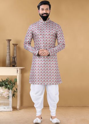 Grey Floral Printed Dhoti Kurta In Jacquard