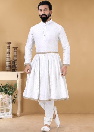 White Embroidered Anarkali Kurta Pajama In Chanderi