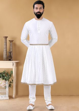 White Embroidered Anarkali Kurta Churidar Set