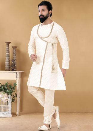 Off White Angrakha Style Embroidered Kurta Pajama