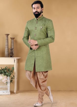 Green Readymade Indo Western Sherwani Set
