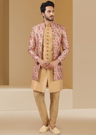 Golden Kurta Pajama With Printed Long Jacket