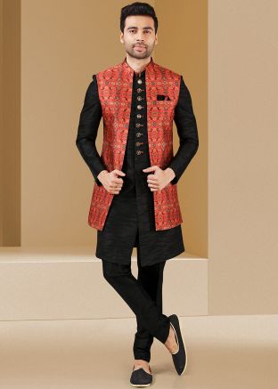 Black Readymade Kurta Pajama With Printed Long Jacket