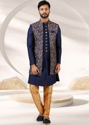Navy Blue Kurta Pajama With Long Jacket For Men