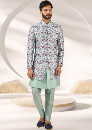 Green Mens Kurta Pajama With Long Printed Jacket
