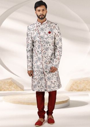 Readymade Off White Floral Printed Sherwani Set