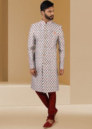 Readymade Off White Sherwani Set In Printed Design