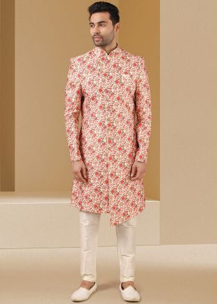 Cream Floral Printed Sherwani With Churidar