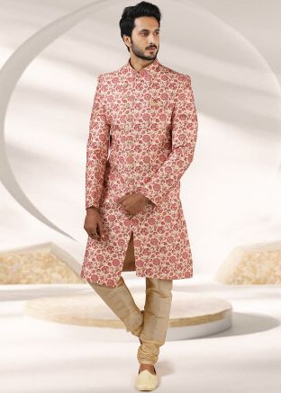 Floral Mens Sherwani Set In Art Banarasi Silk