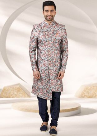 Grey Floral Printed Asymmetric Sherwani With Churidar