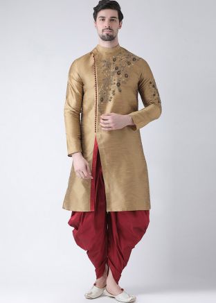 Golden Embroidered Angrakha Style Dhoti Kurta Set