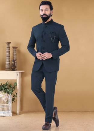 Blue Readymade Bandhgala Jodhpuri Suit In Rayon