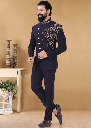 Blue Readymade Embroidered Best Jodhpuri Suit