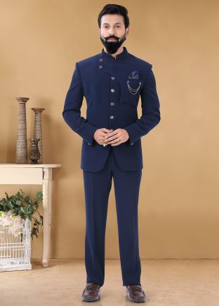 Readymade Blue Overlapped Bandhgala Jodhpuri Suit