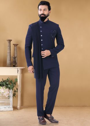 Blue Readymade Bandhgala Jodhpuri With Attached Dupatta