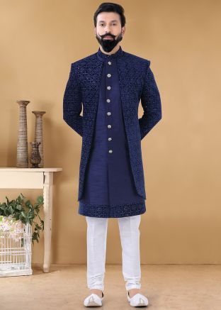 Blue Readymade Silk Sherwani With Jacket Set