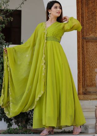 Green Flared Readymade Anarkali Kurti With Dupatta