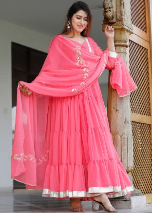 Readymade Peach Georgette Anarkali Kurta With Dupatta