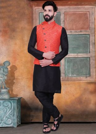 Black Silk Kurta Pajama With Woven Nehru Jacket