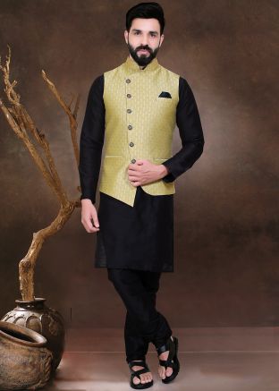Readymade Black Silk Kurta Pajama With Nehru Jacket