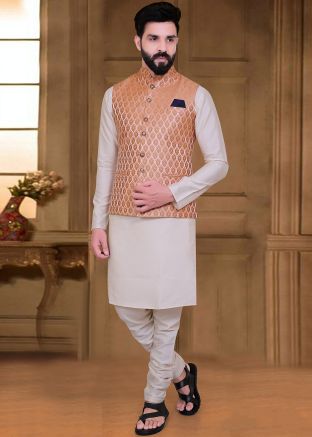 Readymade Cream Kurta Churidar With Woven Nehru Jacket