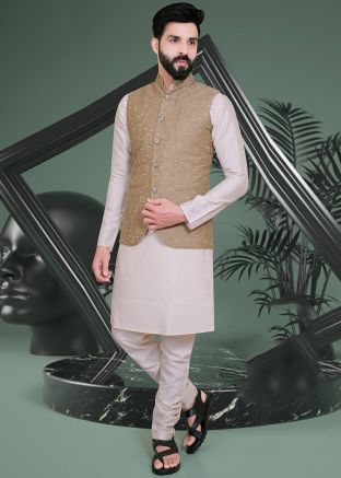 Cream Kurta Pajama With Embroidered Nehru Jacket