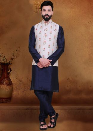 Navy Blue Silk Kurta Pajama With Embroidered Nehru Jacket