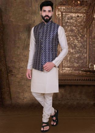 Cream Kurta Pajama With Digital Printed Jacket