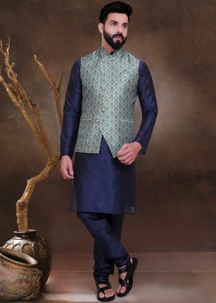 Navy Blue Kurta Churidar Set With Digital Printed Jacket