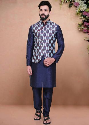 Navy Blue Kurta Pajama Set With Digital Printed Jacket