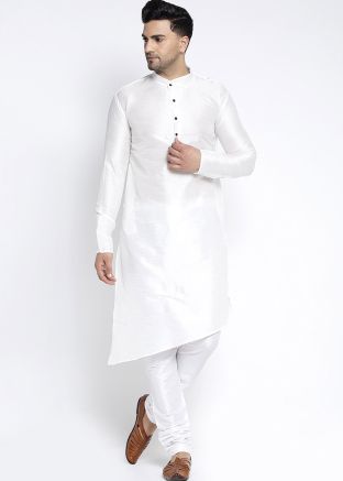 White Asymmetric Readymade Silk Kurta Pyjama